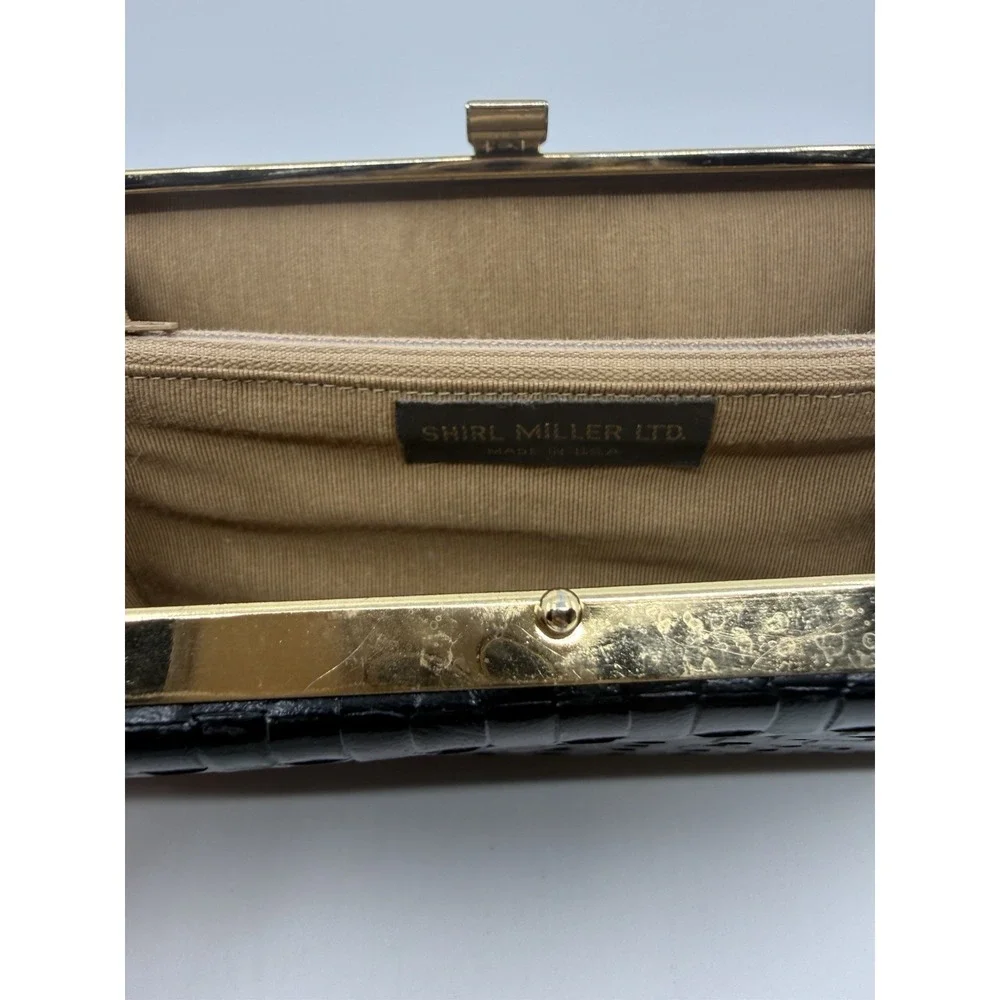 Vintage Shirl Miller Ltd Black Woven Leather Clutch Purse Gold Frame Made in USA